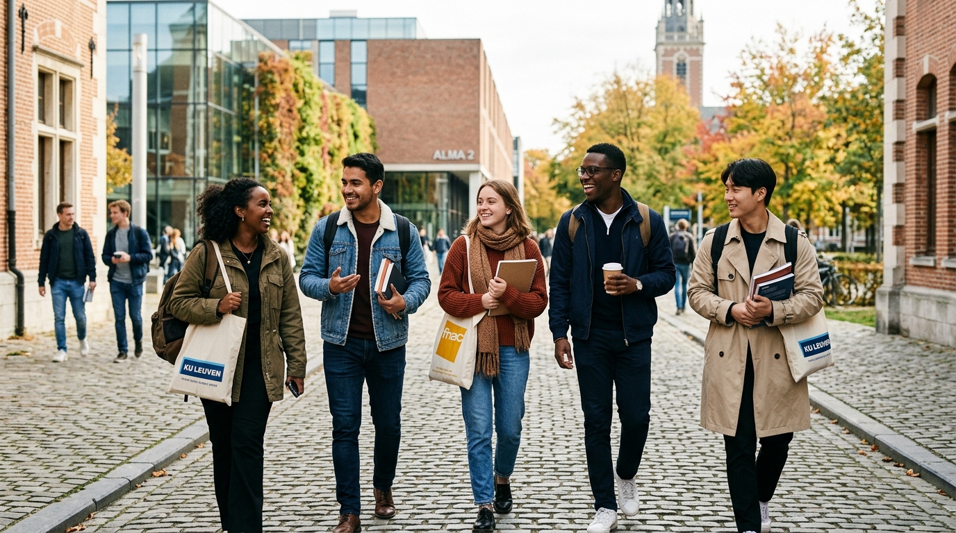 Diverse international students walking together outdoors in a warm Belgian university campus